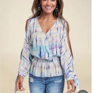 VENUS Blue and Purple Ruched Tie Blouse NWOT size 2
